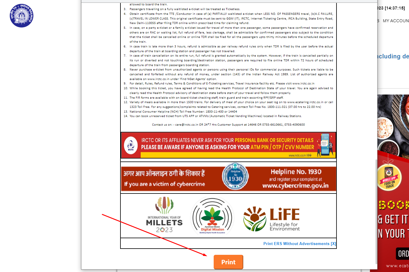 Navigate to the Large [Print] Button to print the Railways Ticket.